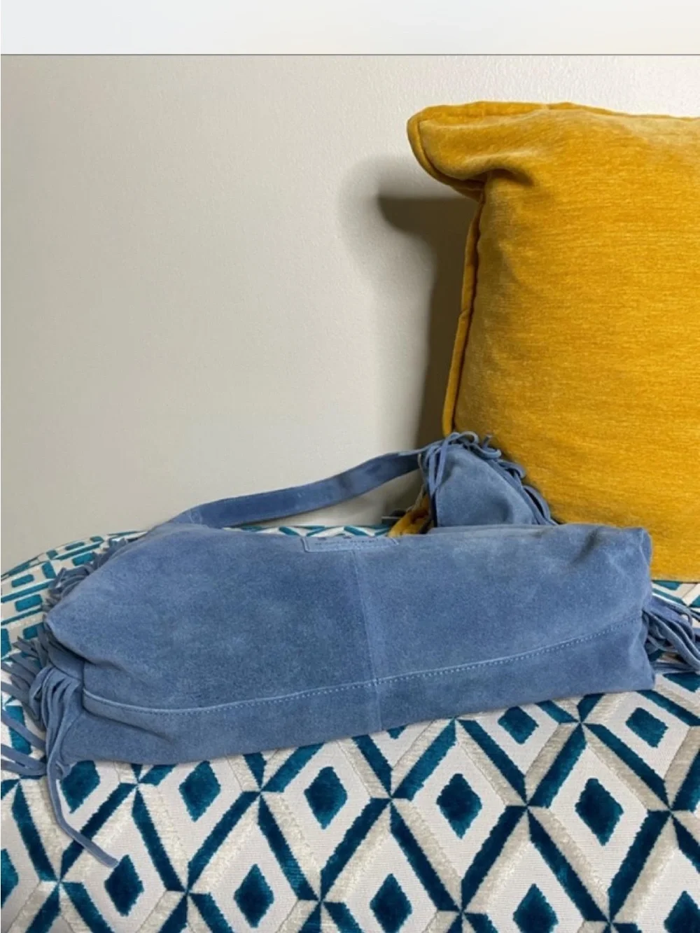 NWT! Haute Hippie Genuine Suede Powder Blue Slouchy Hobo Fringe Bag